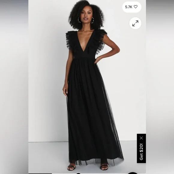 NWT Lulu’s Simply Delighted Black Mesh Ruffled Backless Maxi Dress Medium - Picture 2 of 5